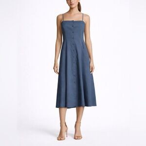 Theory Kayleigh Crunch Linen Blend Midi Dress Blue Button Front Women’s Size 6